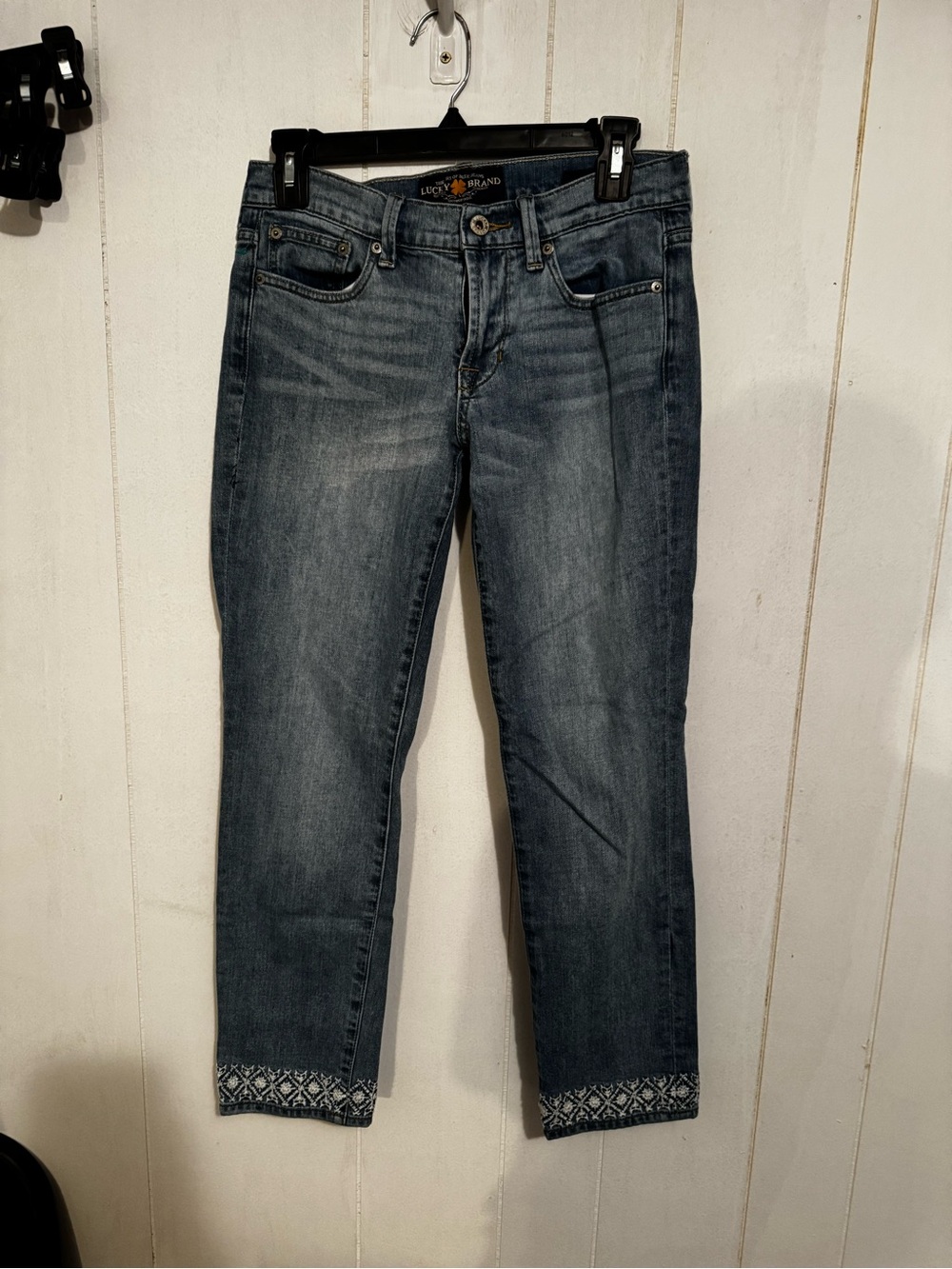 Lucky Brand Women's Mid-Dark Blue Cropped Jeans with Embroidered Ankles